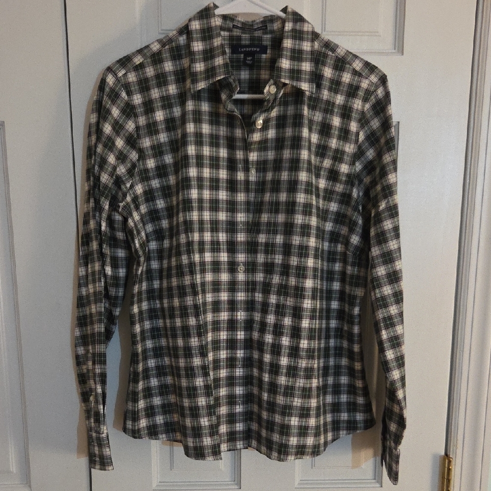 Lands' End Women's Plaid Button Down Shirt - Black and White